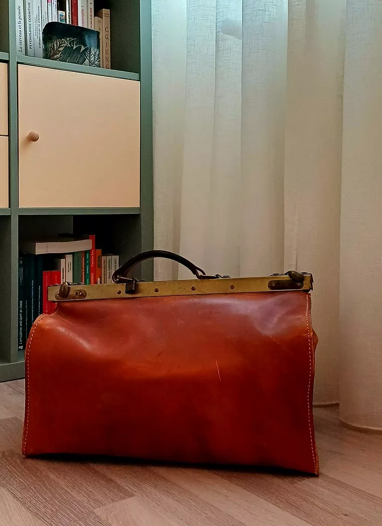 La mallette de cuir posée dans le cabinet, devant la bibliothèque